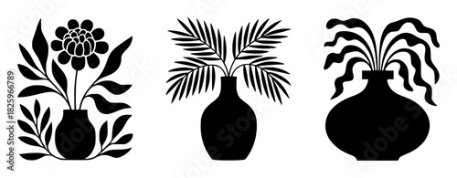 Black Silhouette Vases with Abstract Plants and Flowers