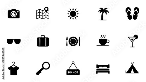 Collection of Travel and Vacation Icons on White Background