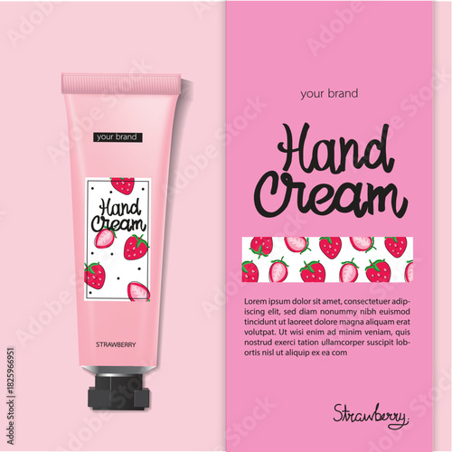 Pink hand cream tube next to matching box with strawberry illustrations and Hand Cream text