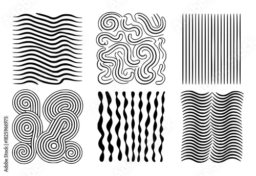 Six Abstract Black and White Line Art Patterns