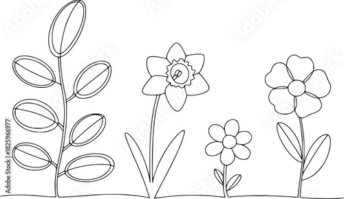 Simple Line Art of Various Flowers and Leaves on White Background