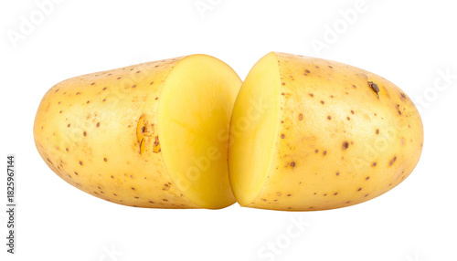 Close-up of a halved potato, showcasing its textured skin and creamy, exposed flesh