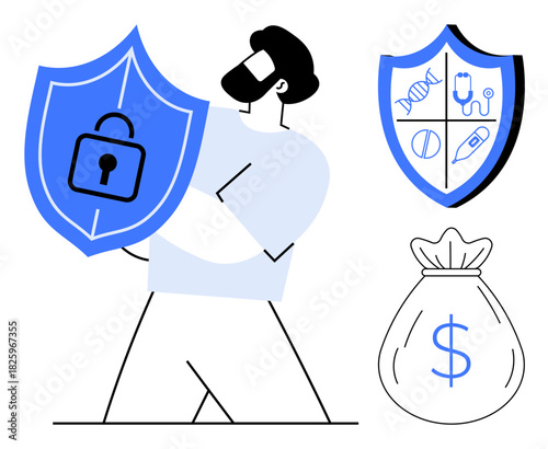 Man with shield featuring lock, additional shields showing healthcare elements, money bag emphasizing protection. Ideal for security, finance, healthcare, insurance, safety, risk management simple