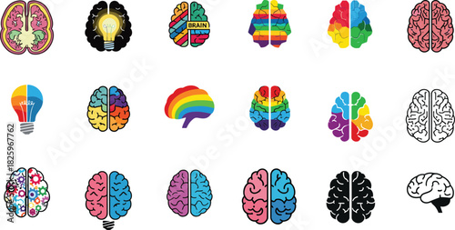 Colorful creative brain icons set with rainbow patterns innovation ideas mental health imagination psychology intelligence abstract human mind illustration