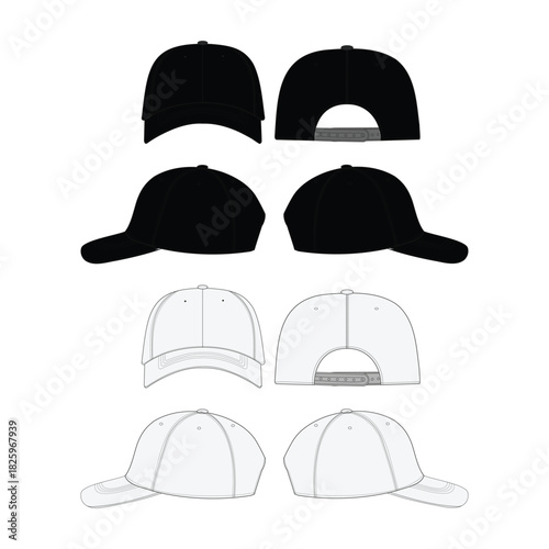 Two baseball caps one in black and one in white from different angles