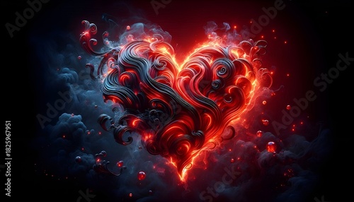 Abstract heart art with red black lines and smoke. AI Generated, Generative AI