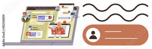 Online collaboration platform displaying multiple participant profiles, virtual learning tools, and chat features. Ideal for education, teamwork, networking, communication, webinars, diversity