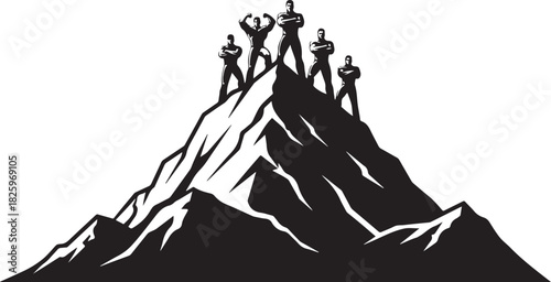 Mountain Hiking Team Silhouette – Climbers on Summit Adventure Artwork