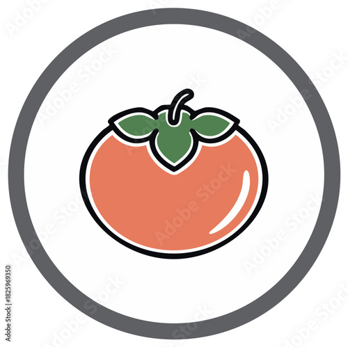 Fresh ripe red tomato with green leaves outline in gray circle organic vegan produce food