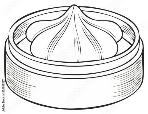 Hand drawn black and white illustration of a delicious traditional Asian steamed dumpling in a bamboo steamer