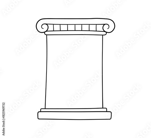 Doodle frame in antique Greek column style. Hand drawn Roman pillar and Greek column. Ancient museum doodle icon. Hand drawn line border. Vector illustration isolated on white background.