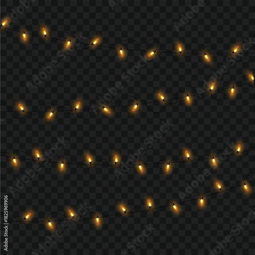 Christmas Glowing Yellow String Lights Garland Set on Transparent Background. Vector