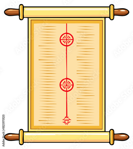 Ancient scroll with wooden rollers and red ornamental seal design