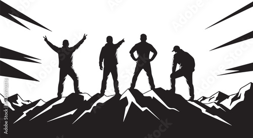 Mountain Hiking Team Silhouette – Climbers on Summit Adventure Artwork