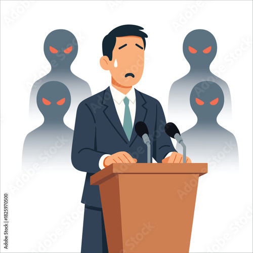 Fear of public speaking glossophobia depiction of man nervous during speech