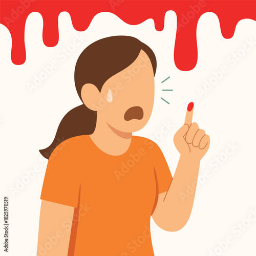 Fear of blood hemophobia illustration of woman reacting to small injury