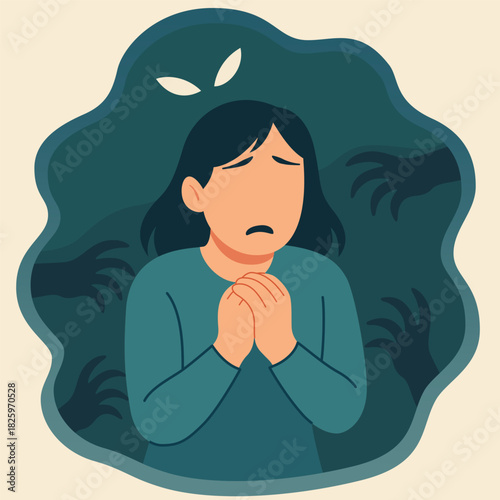 Fear of darkness nyctophobia illustration of anxious woman surrounded by shadows