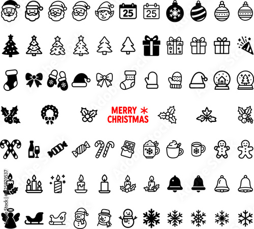Christmas Icons Set – Winter Holiday Outline and Solid Symbols for Gifts, Decorations, Santa, Snow and Festive Elements