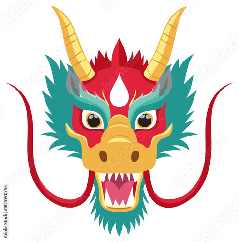 Decorative Dragon Head Design with Horns and Whiskers Isolated on White