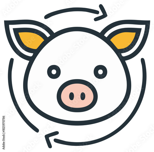 Cute pig face with rotating arrows animal icon illustrating circular motion concept