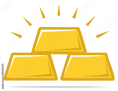 Three gold bars shining brightly symbolize wealth, prosperity, and financial success in a simple cartoon drawing
