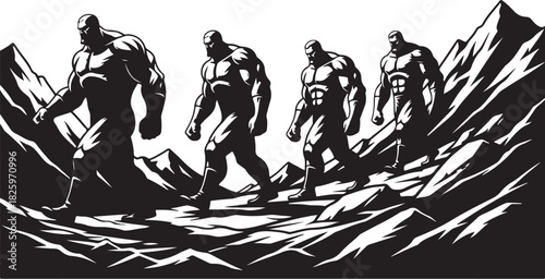 Mountain Hiking Team Silhouette – Climbers on Summit Adventure Artwork