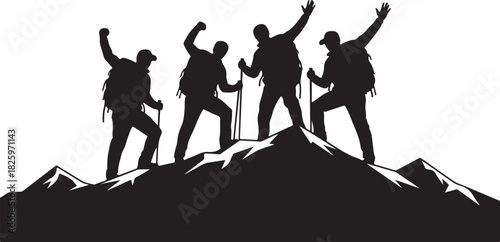 Mountain Hiking Team Silhouette – Climbers on Summit Adventure Artwork