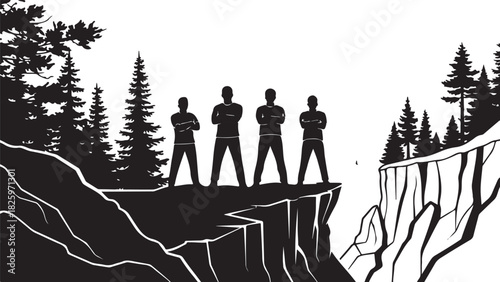 Mountain Hiking Team Silhouette – Climbers on Summit Adventure Artwork