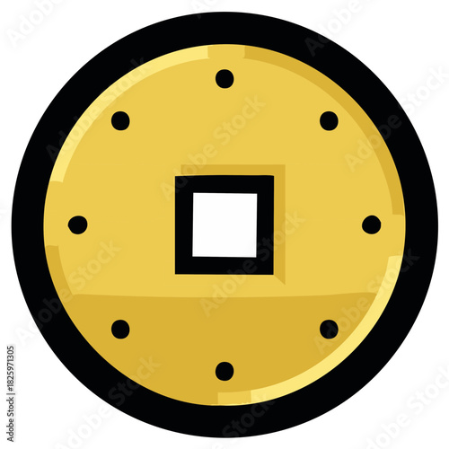 Golden Ancient Coin with a Square Hole and Dots Around Edge Isolated on White