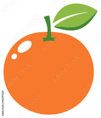 Cartoon orange fruit with green leaf isolated on white background.