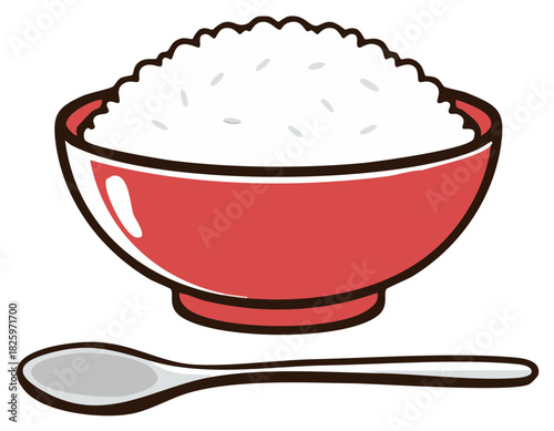 Cartoon illustration of cooked white rice in a red bowl and spoon for food design.