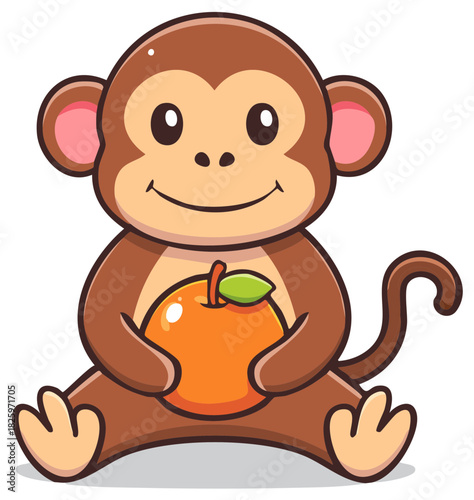 Cute cartoon monkey sitting happily and holding a fresh orange fruit. Friendly primate illustration for kids.