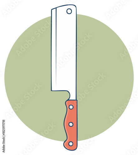 Illustration of a Meat Cleaver Kitchen Knife with Orange Handle on Green Background