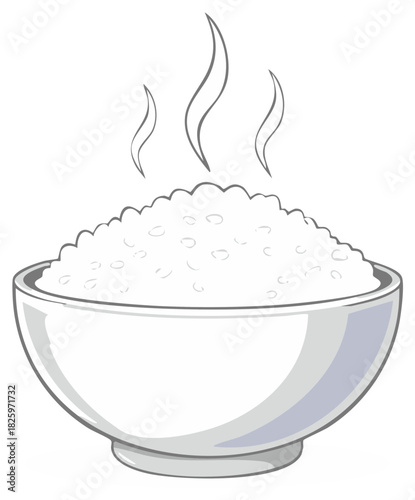 Simple vector illustration of a ceramic bowl filled with freshly cooked hot steaming white rice