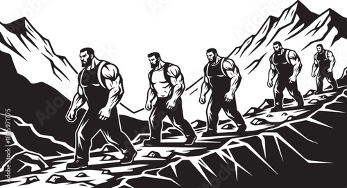 Mountain Hiking Team Silhouette – Climbers on Summit Adventure Artwork