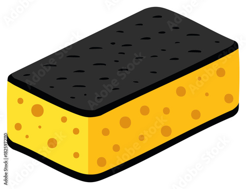 Isometric illustration of a textured yellow and black cleaning sponge for household