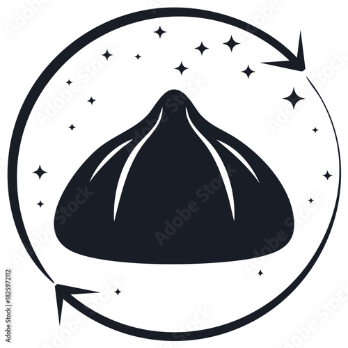 Icon of a Georgian khinkali dumpling in a circular frame with arrows and stars vector illustration