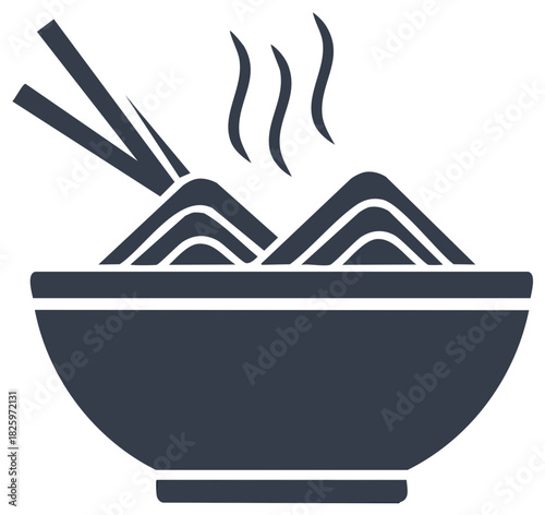 Bowl of hot Asian noodles with chopsticks, steam, and vector graphic design depicting stylized noodles and a large ceramic bowl