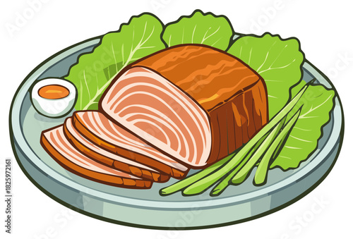 Sliced salmon terrine with fresh lettuce and green onions served with dipping sauce