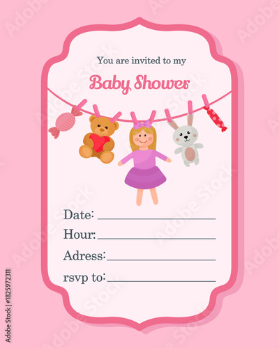 Cute elegant baby shower invitation template with pink girl toys sweets flat illustrations