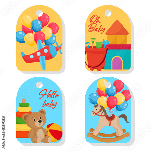 Cute vibrant colorful gift tags for baby shower with children's toys rocking horse airplane balloons