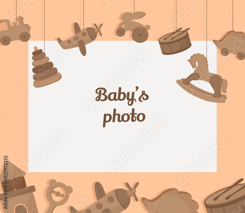 New born photo frame with vintage wooden crafted toys Baby shower