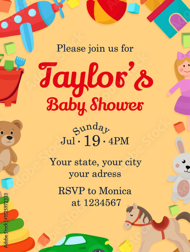 Vibrant baby shower card invitation template colorful kid's toys illustrations