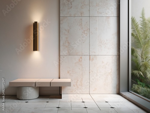 Elegant interior design with modern bench seating and tropical plants, perfect for a serene and sophisticated living space or upscale hotel lobby