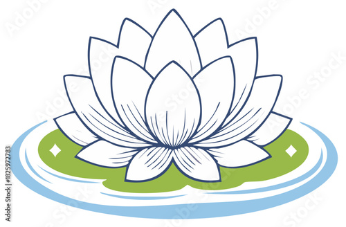 Elegant lotus blossom illustration in white and blue floating on a lily pad surrounded by light blue water, perfect for serene designs