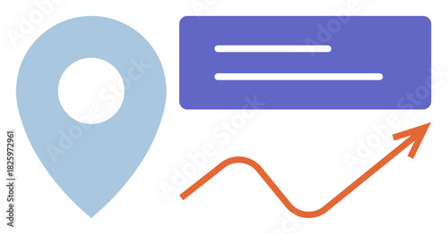 Location pin, growth arrow, and information panel visually represent navigation, analytics, progress, and business growth. Ideal for strategy, planning, success development metrics logistics