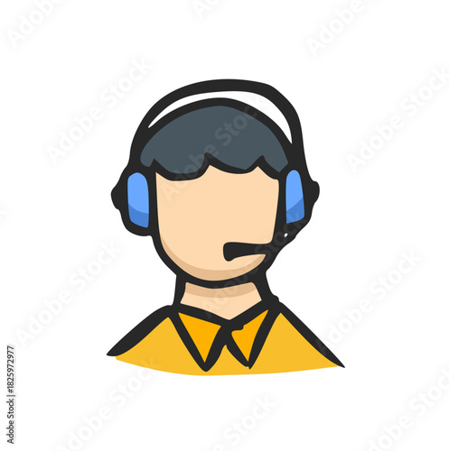 Hand Drawn Customer Service Agent Icon, Doodle of Call Center Operator with Headset, Support, Help, Communication, and Technical Assistance