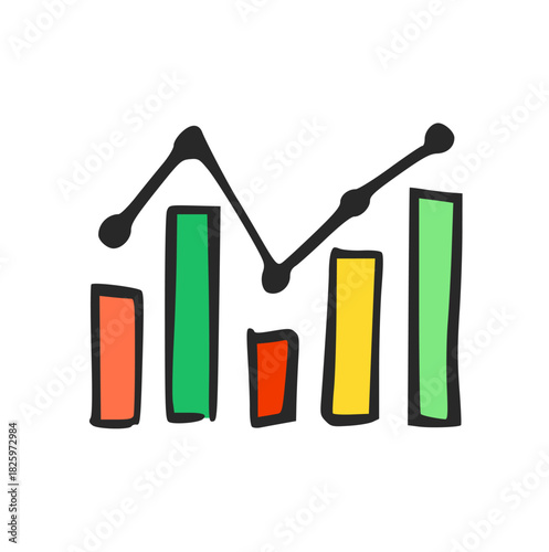 Hand Drawn Bar Chart and Line Graph Icon, Doodle of Business Data Analysis, Growth, Finance, Marketing, Report, and Statistics