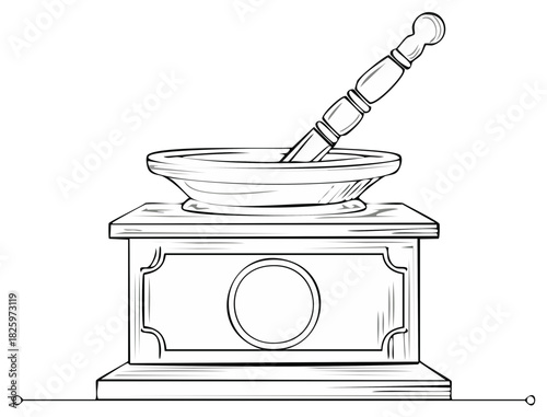 Mortar and pestle vector illustration line art with medicine altar preparation and herbs
