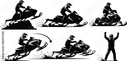 Silhouettes of tactical security personnel holding rifles in various defense stances, military training poses, armed protection team illustration set